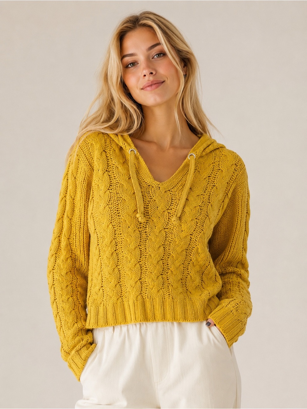 Live Love Dream XS Mustard Yellow Cable Knit Hooded Sweater Pullover